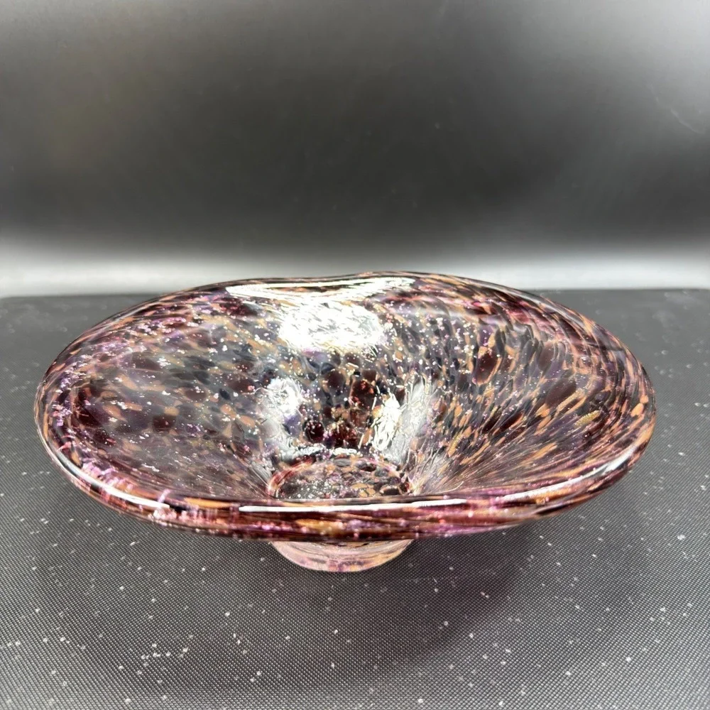 Julia Knight Hand Blown Italy Art Glass Bowl Dish Purple Amber‎ Silver Confetti